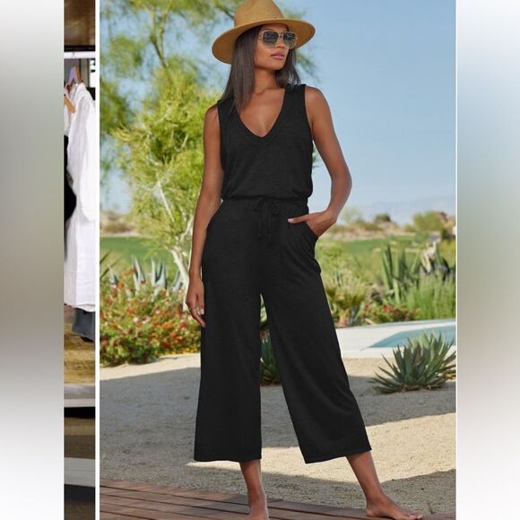 BECCA Black Sleeveless Jumpsuit with Wide-Leg Cropped Pants Cover up size Large - Picture 1 of 9